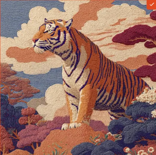 Embroidered Tiger in Cloud Mountains – AI image example