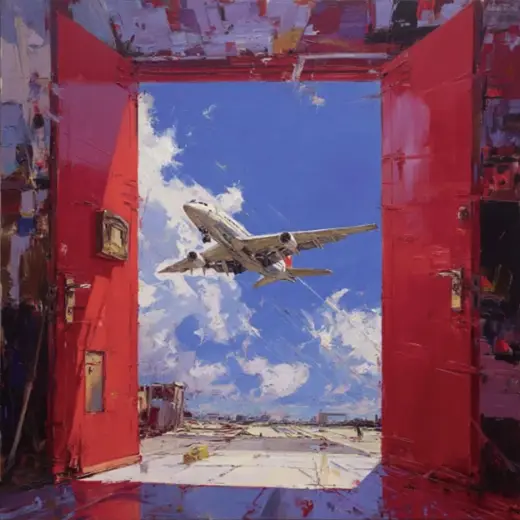Plane Through the Red Door – AI image example