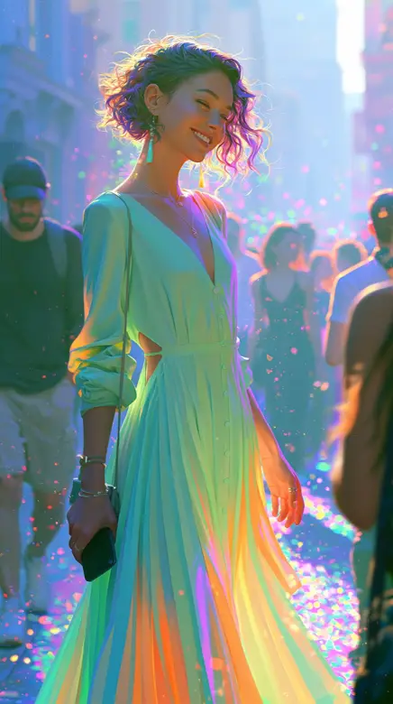 Smiling Woman in the Gloomy Crowd – AI image example